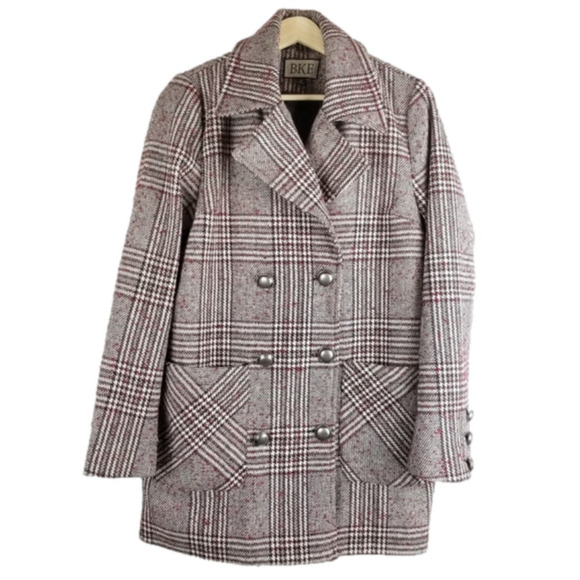 BKE Medium Houndstooth Long Double breasted Peacoat Black White Red Buckle - Picture 1 of 13
